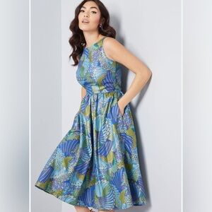 Retrolicious Vibrant Blue and Green Midi Dress With‎ Pockets Size XS